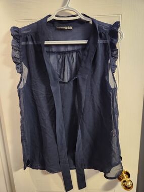 Atmosphere Navy Sheer Tie-Neck Ruffle Sleeve Blouse